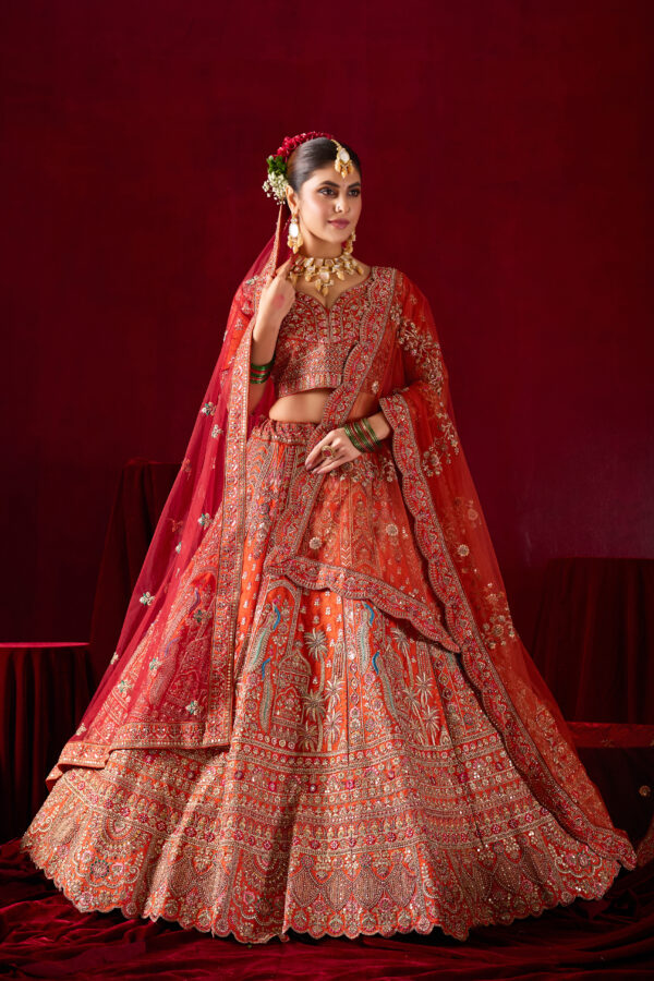 Bright Orange Designer Bridal Lehenga with Embroidered Borders - Image 2