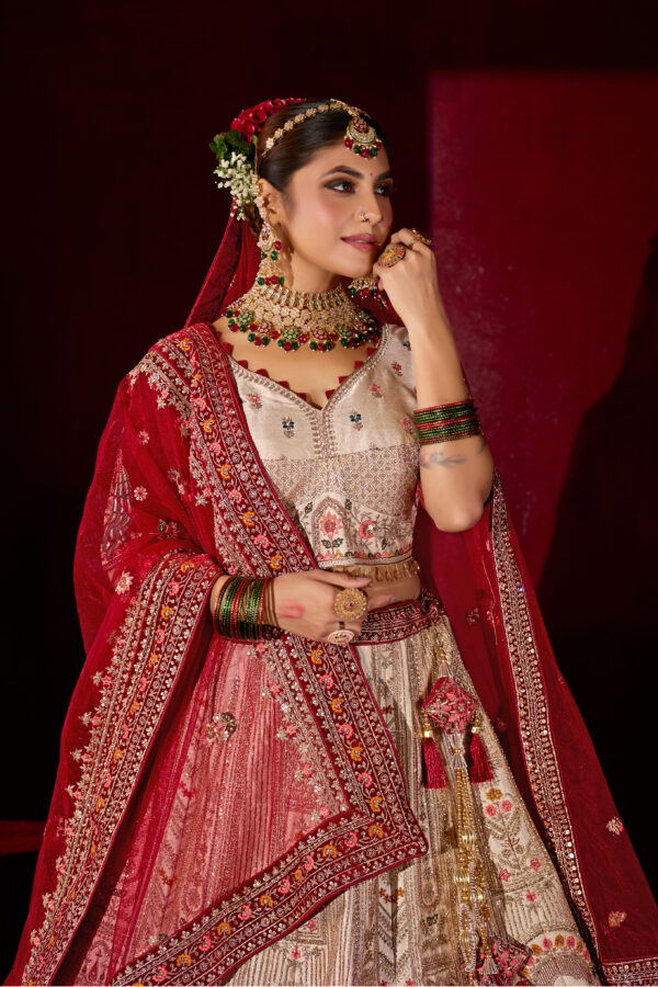 Off-White Heavy Embroidered Silk Bridal Lehenga with Red Dupatta - Image 7