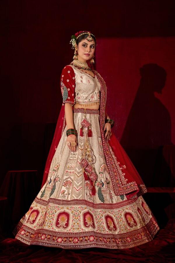 Off-White Heavy Embroidered Silk Bridal Lehenga with Red Dupatta - Image 6
