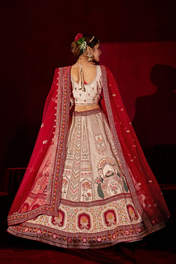 Off-White Heavy Embroidered Silk Bridal Lehenga with Red Dupatta - Image 5
