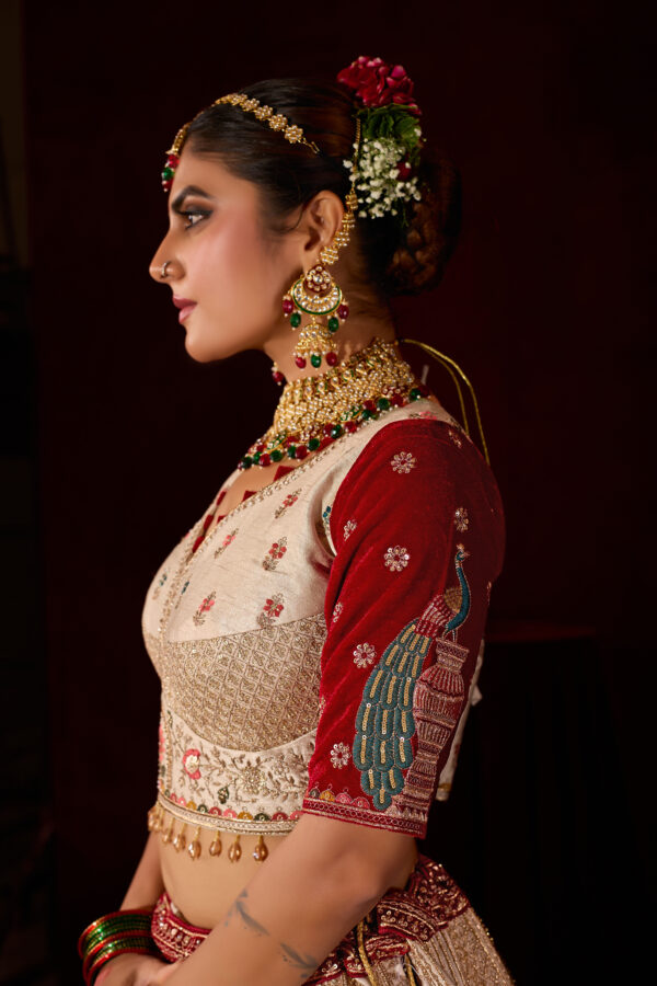 Off-White Heavy Embroidered Silk Bridal Lehenga with Red Dupatta - Image 4