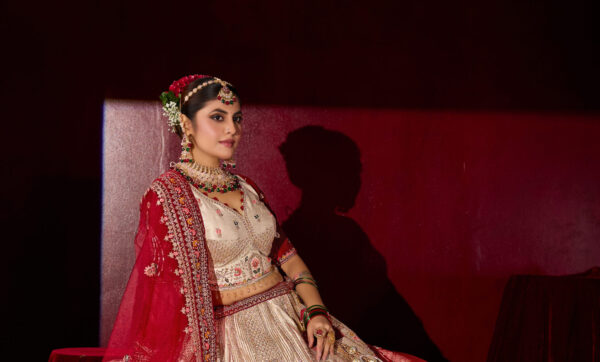 Off-White Heavy Embroidered Silk Bridal Lehenga with Red Dupatta - Image 3