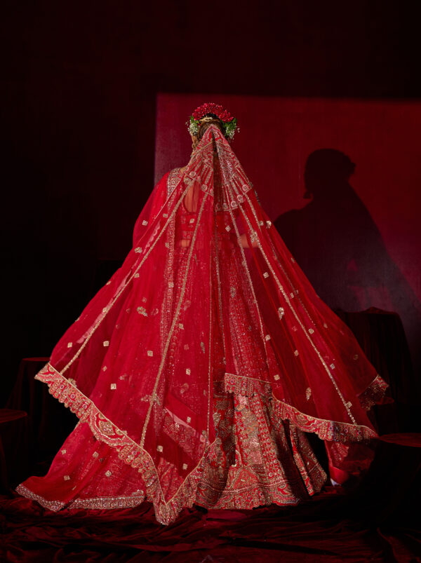 Red Heavy Zari Embroidered Bridal Lehenga with Waist Belt and Dupatta - Image 7