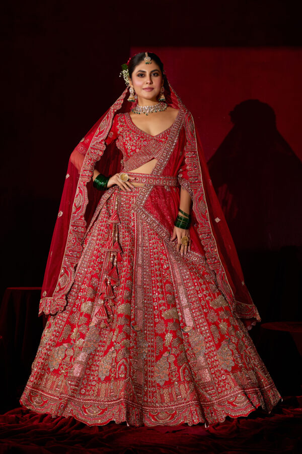 Red Heavy Zari Embroidered Bridal Lehenga with Waist Belt and Dupatta - Image 6