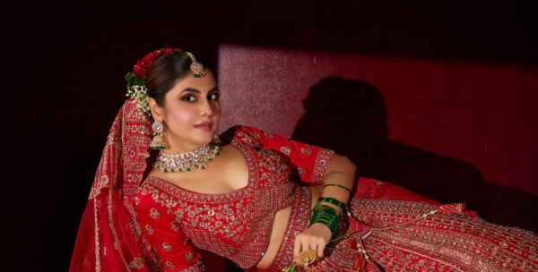 Red Heavy Zari Embroidered Bridal Lehenga with Waist Belt and Dupatta - Image 2
