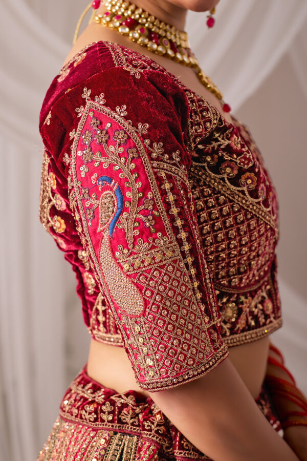 Wine & Pink Heavy Embroidered Bridal Lehenga with Velvet Dupatta - Image 7
