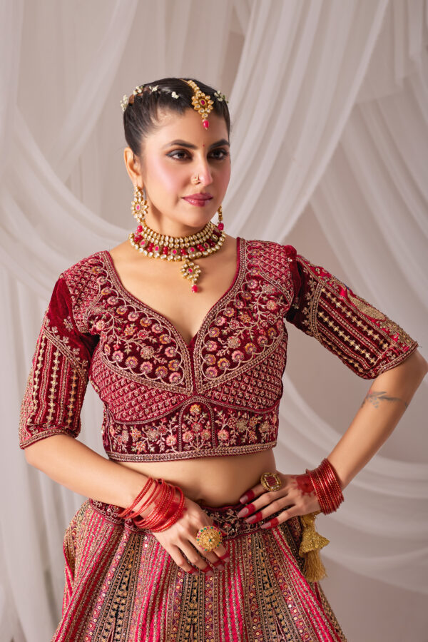Wine & Pink Heavy Embroidered Bridal Lehenga with Velvet Dupatta - Image 6