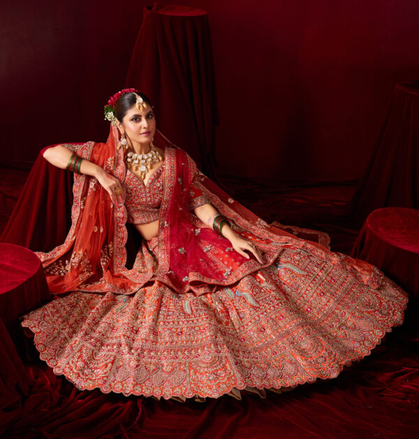 Bright Orange Designer Bridal Lehenga with Embroidered Borders - Image 3