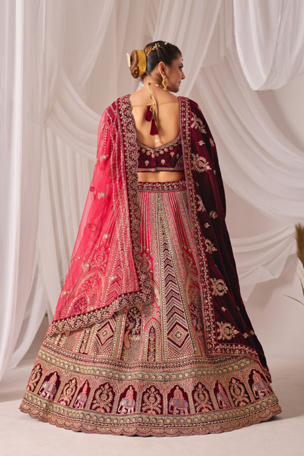 Wine & Pink Heavy Embroidered Bridal Lehenga with Velvet Dupatta - Image 5