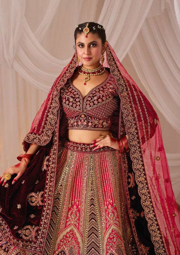 Wine & Pink Heavy Embroidered Bridal Lehenga with Velvet Dupatta - Image 3