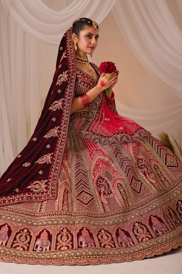 Wine & Pink Heavy Embroidered Bridal Lehenga with Velvet Dupatta - Image 2