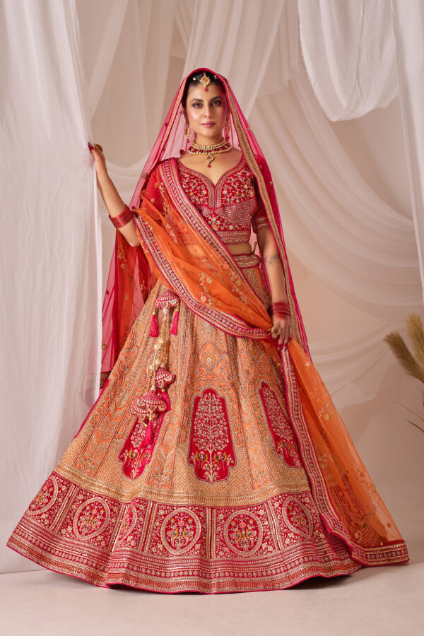 Red & Orange Heavy Embroidered Bridal Lehenga - Image 3