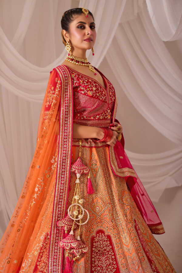 Red & Orange Heavy Embroidered Bridal Lehenga - Image 2