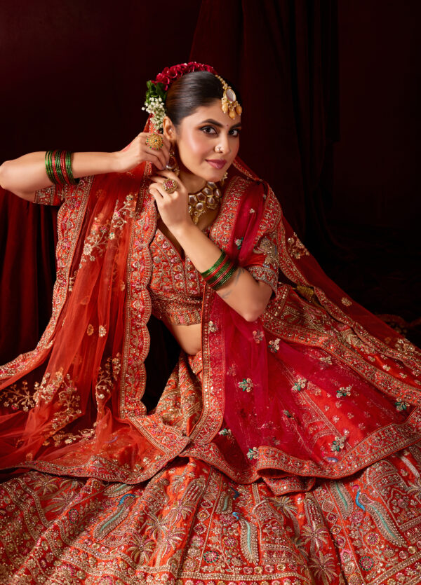 Bright Orange Designer Bridal Lehenga with Embroidered Borders - Image 4