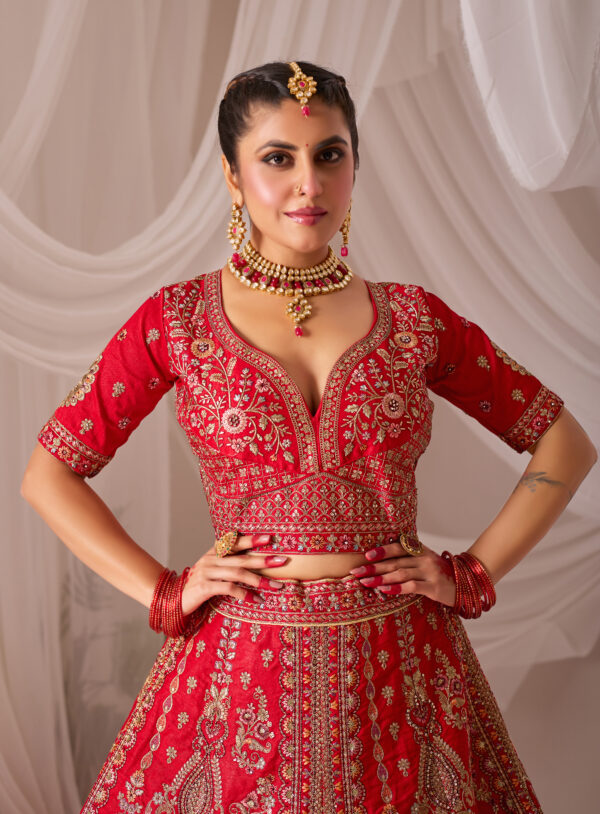Traditional Red Embroidered Bridal Lehenga - Image 6