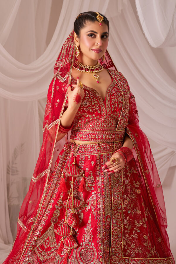 Traditional Red Embroidered Bridal Lehenga - Image 2