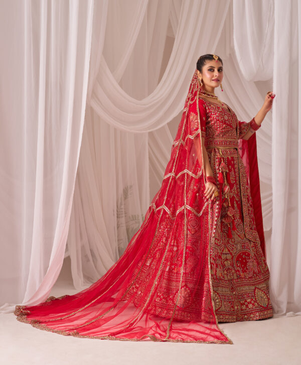 Traditional Red Embroidered Bridal Lehenga - Image 3