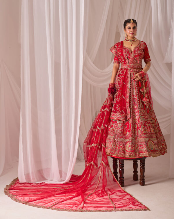 Traditional Red Embroidered Bridal Lehenga - Image 4