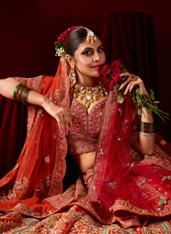 Bright Orange Designer Bridal Lehenga with Embroidered Borders - Image 5