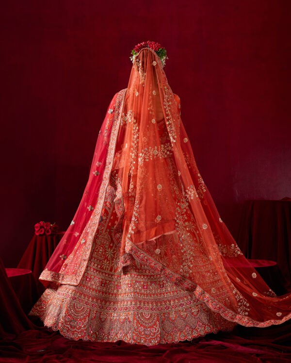 Bright Orange Designer Bridal Lehenga with Embroidered Borders - Image 6