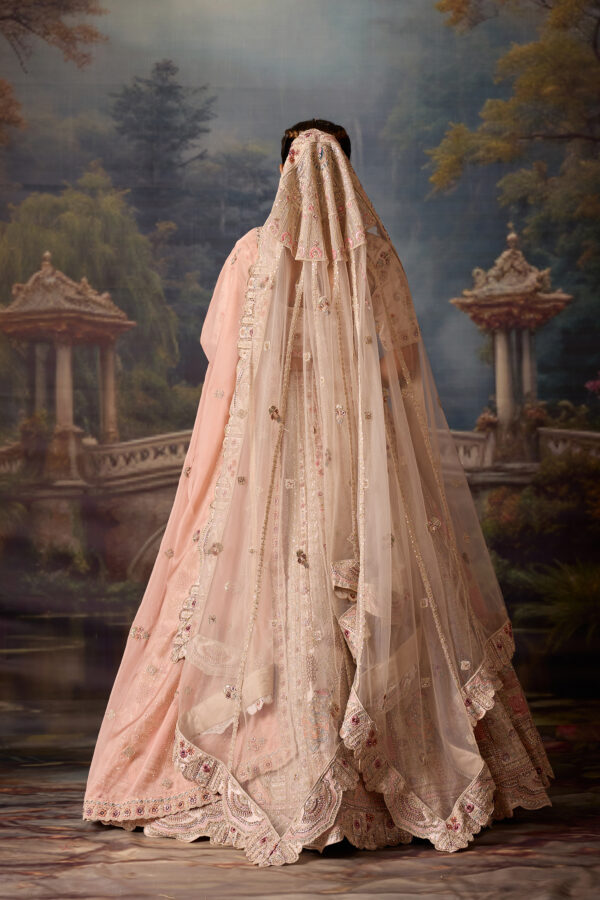 Off-White Pink Heavy Embroidery Silk Bridal Lehenga - Image 7