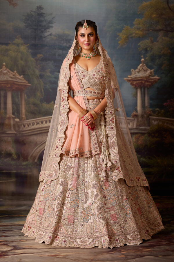 Off-White Pink Heavy Embroidery Silk Bridal Lehenga - Image 4