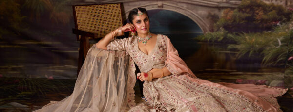 Off-White Pink Heavy Embroidery Silk Bridal Lehenga - Image 3