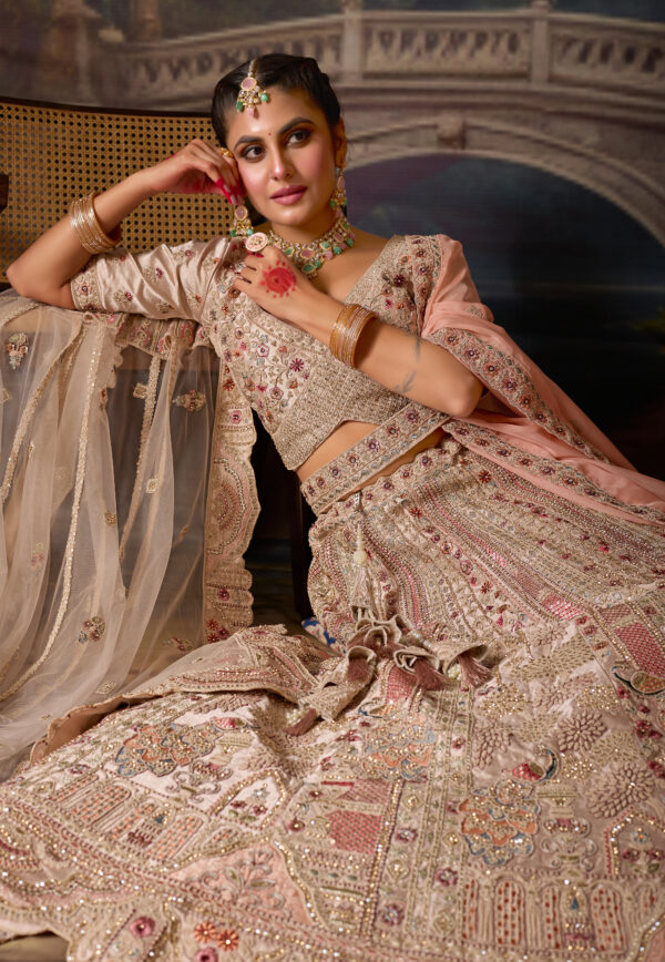 Off-White Pink Heavy Embroidery Silk Bridal Lehenga - Image 2