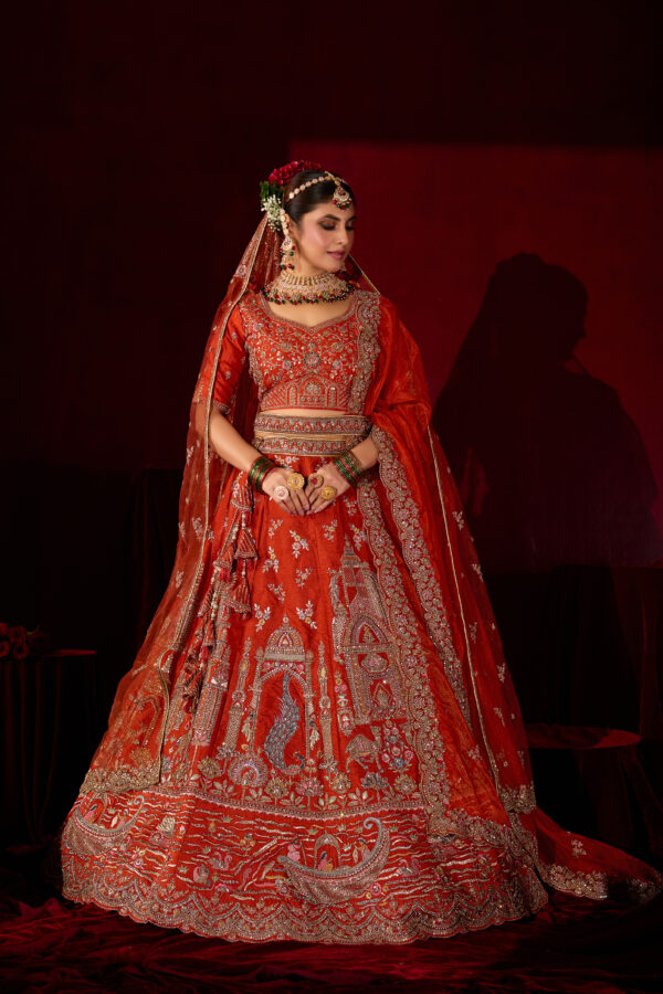 Orange Silk Bridal Lehenga with Golden Embroidery & Net Dupatta - Image 2