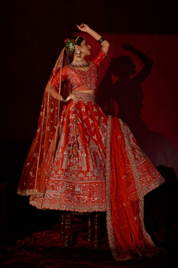 Orange Silk Bridal Lehenga with Golden Embroidery & Net Dupatta - Image 3