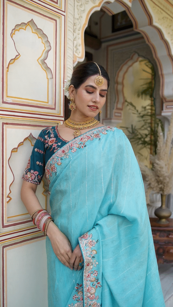 LIGHT BLUE SAREE WITH EMBROIDERY WORK - Image 2