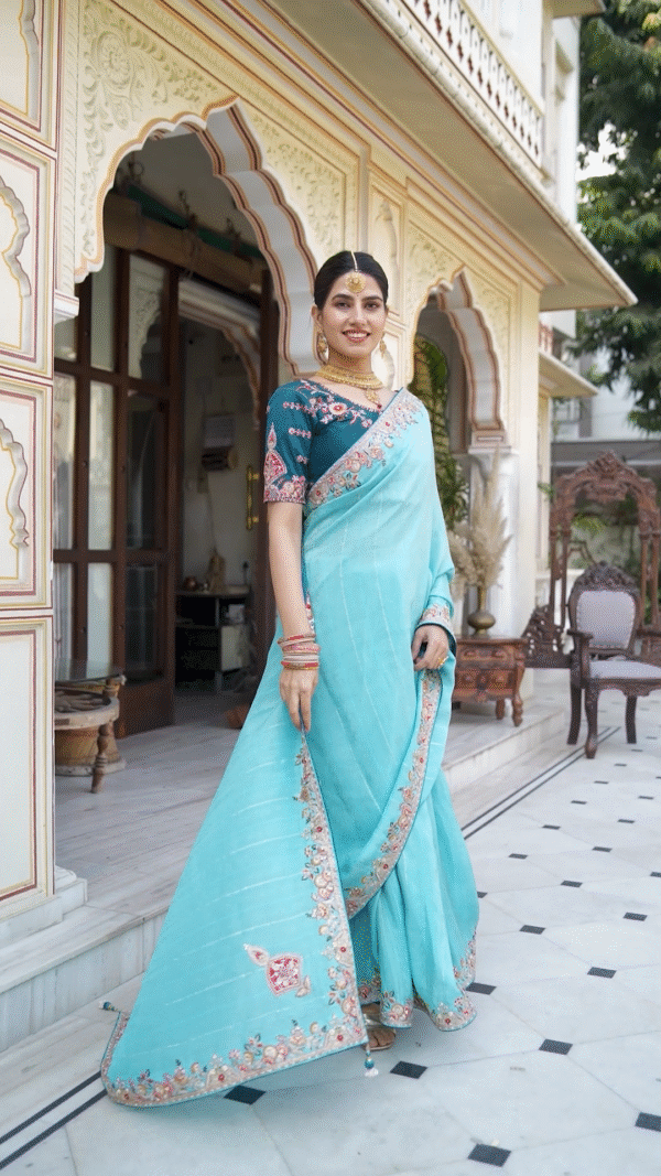 LIGHT BLUE SAREE WITH EMBROIDERY WORK - Image 5