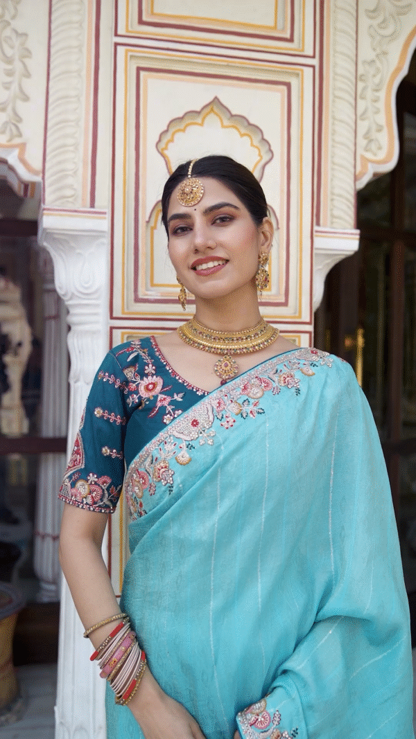 LIGHT BLUE SAREE WITH EMBROIDERY WORK - Image 4