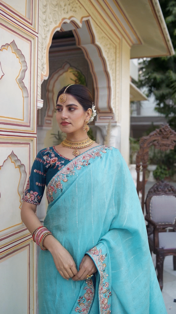 LIGHT BLUE SAREE WITH EMBROIDERY WORK - Image 3