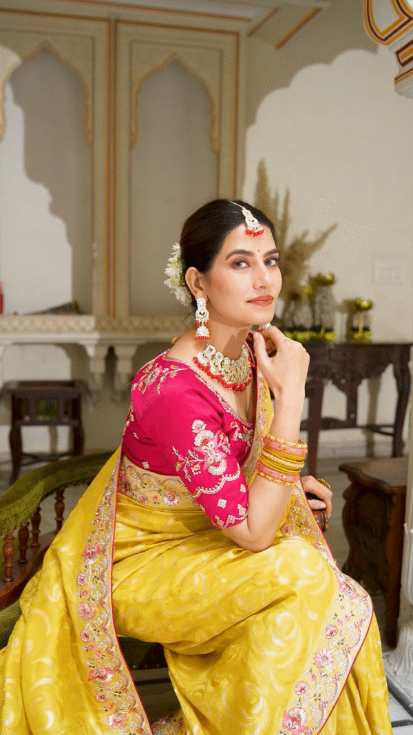 Bright Yellow Silk Saree with Pink Embroidered Blouse - Image 2