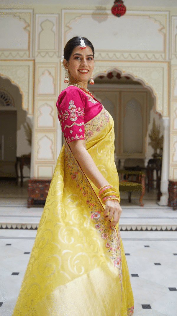 Bright Yellow Silk Saree with Pink Embroidered Blouse - Image 6