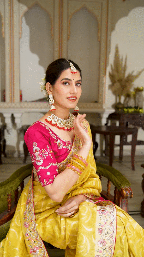 Bright Yellow Silk Saree with Pink Embroidered Blouse - Image 5