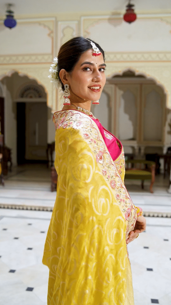Bright Yellow Silk Saree with Pink Embroidered Blouse - Image 4