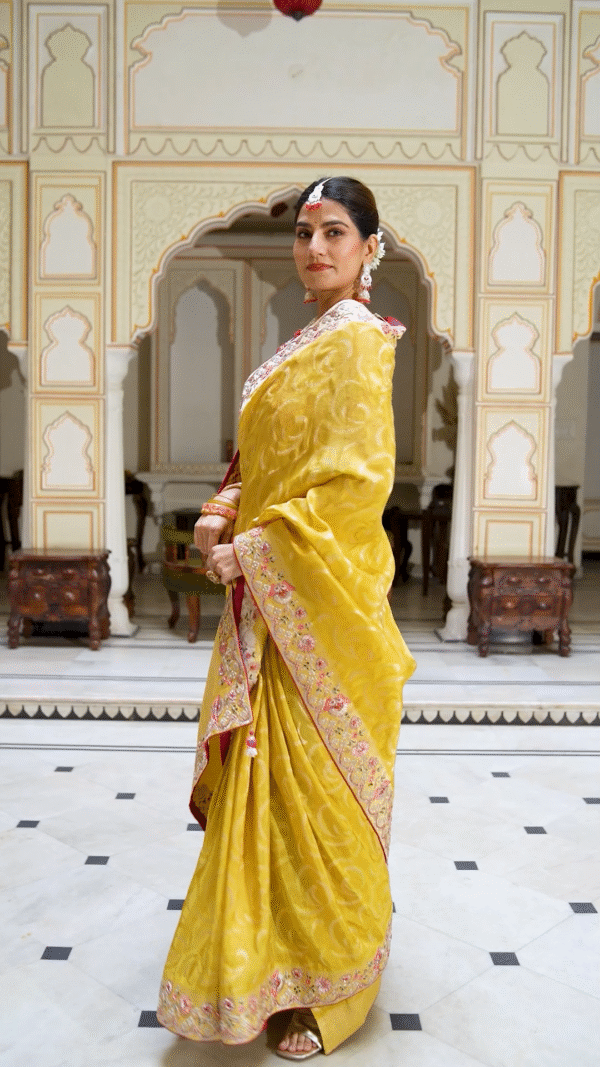 Bright Yellow Silk Saree with Pink Embroidered Blouse - Image 3