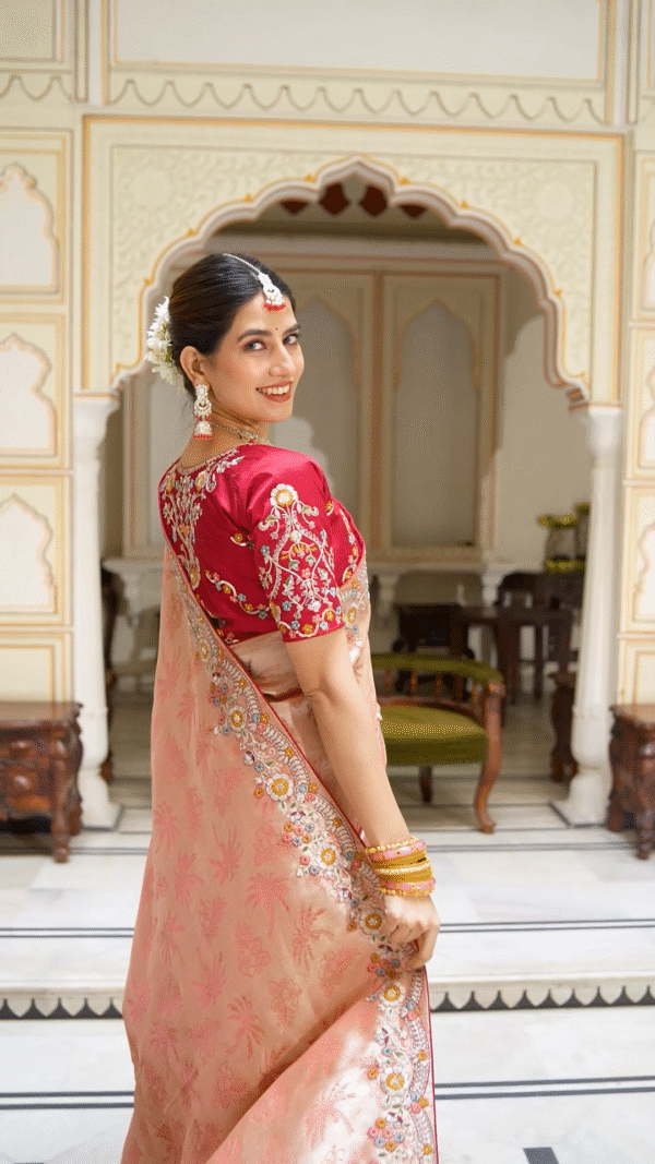 Soft Pink Peach Heavy Embroidery Saree for Wedding - Image 6