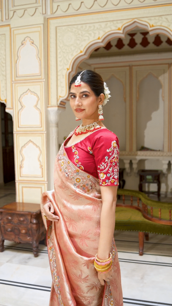 Soft Pink Peach Heavy Embroidery Saree for Wedding - Image 5