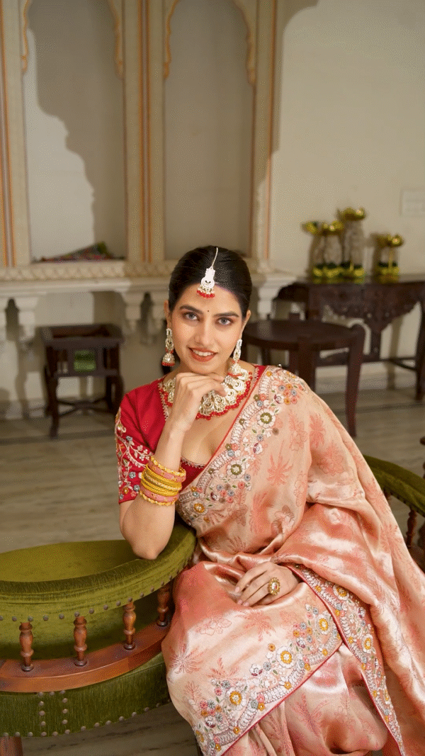 Soft Pink Peach Heavy Embroidery Saree for Wedding - Image 4