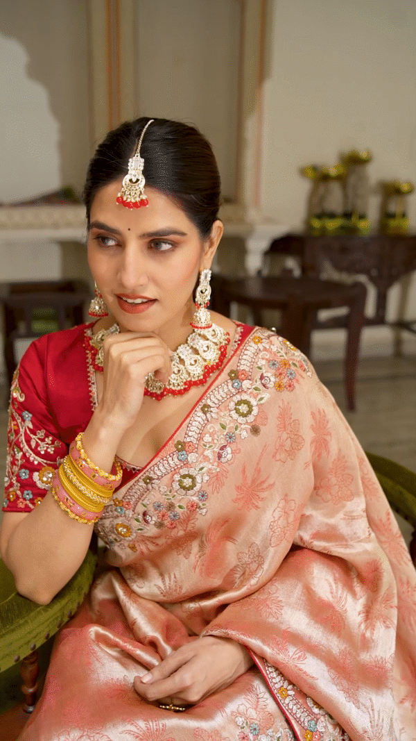 Soft Pink Peach Heavy Embroidery Saree for Wedding - Image 3