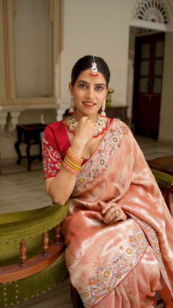 Soft Pink Peach Heavy Embroidery Saree for Wedding - Image 2