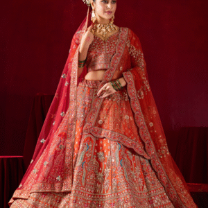 Bright Orange Designer Bridal Lehenga with Embroidered Borders