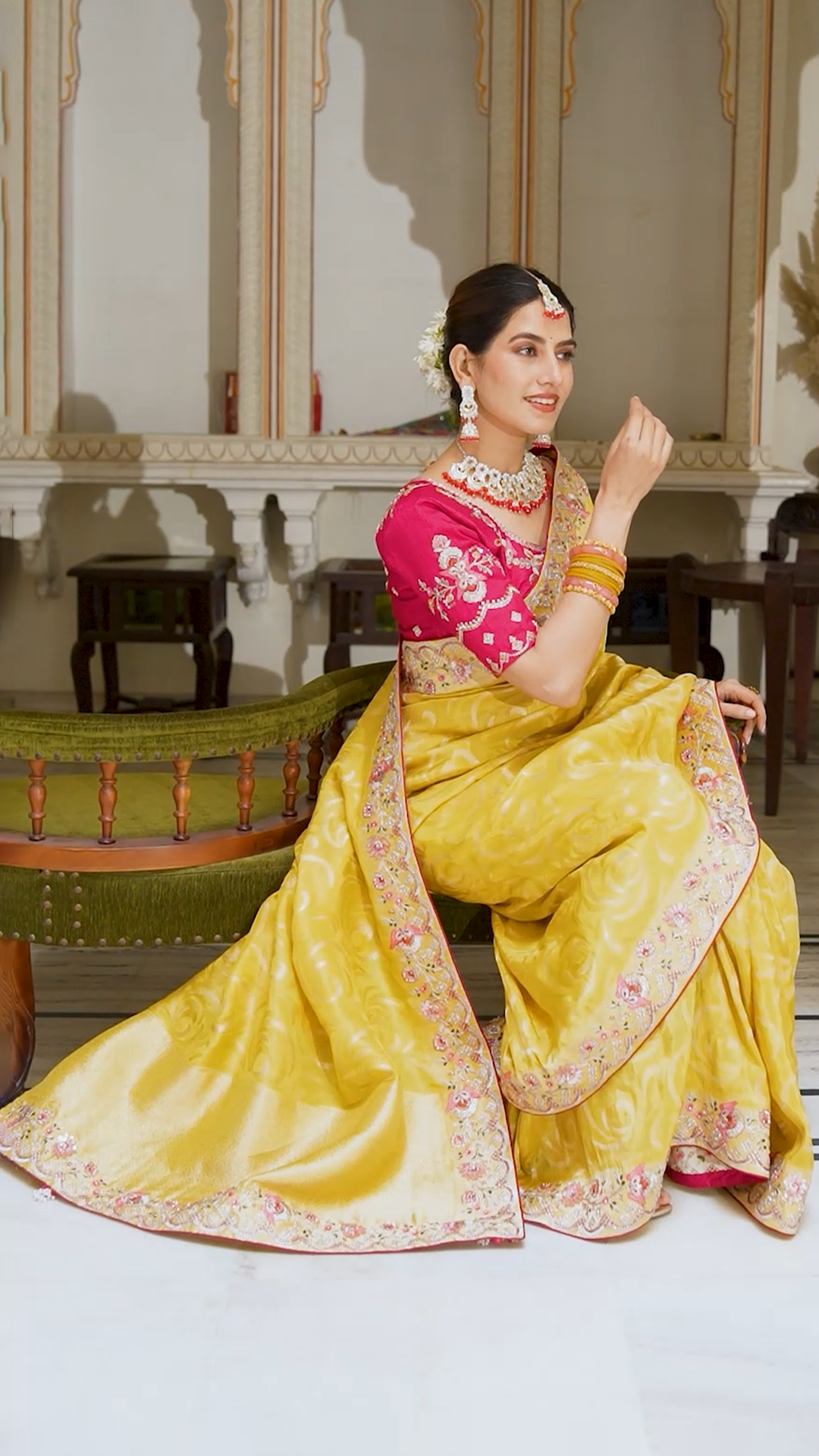 Bright Yellow Silk Saree with Pink Embroidered Blouse