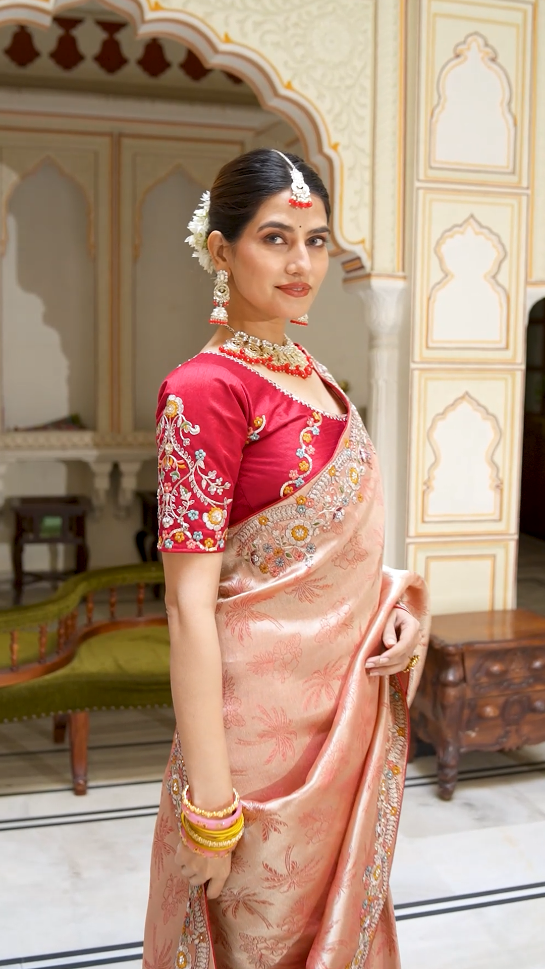 Soft Pink Peach Heavy Embroidery Saree for Wedding