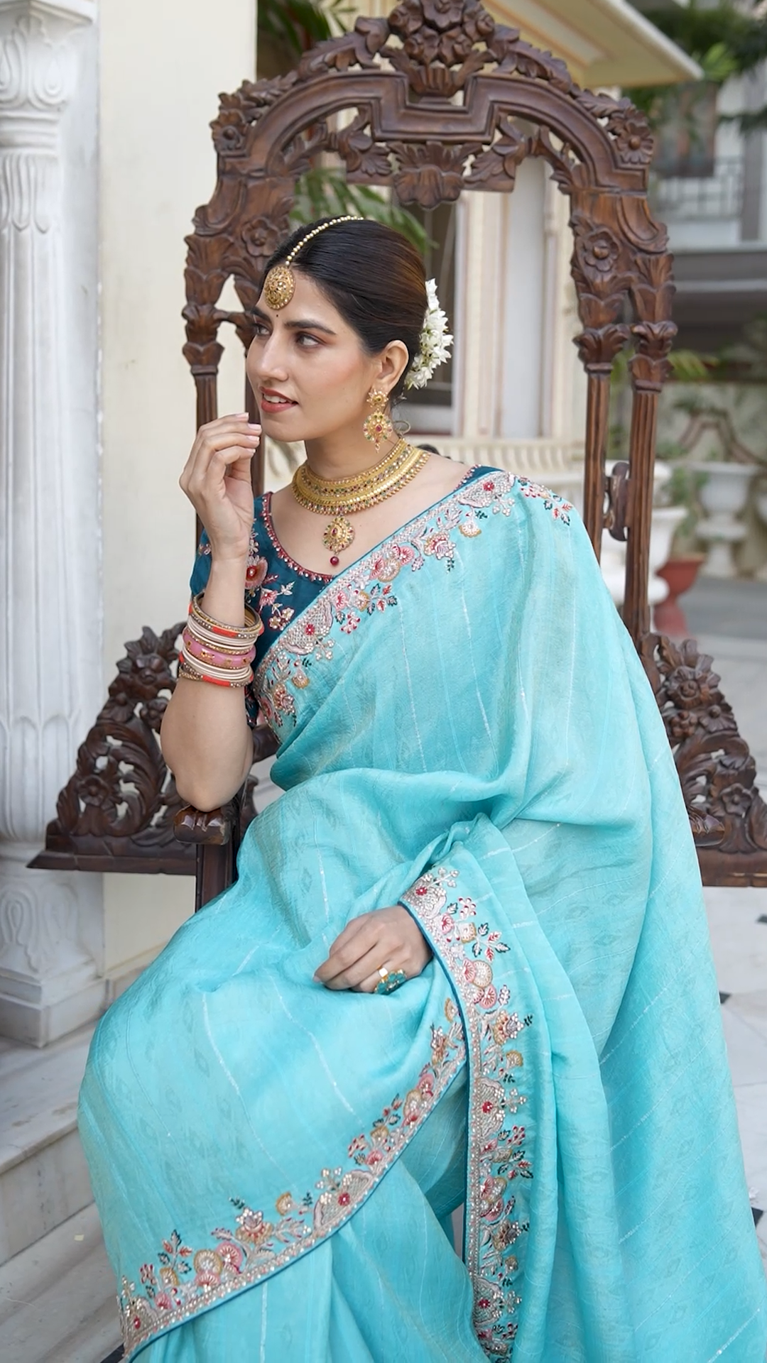 LIGHT BLUE SAREE WITH EMBROIDERY WORK