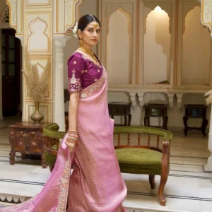 Elegant Pink-Gold Silk Saree with Purple Embroidered Blouse