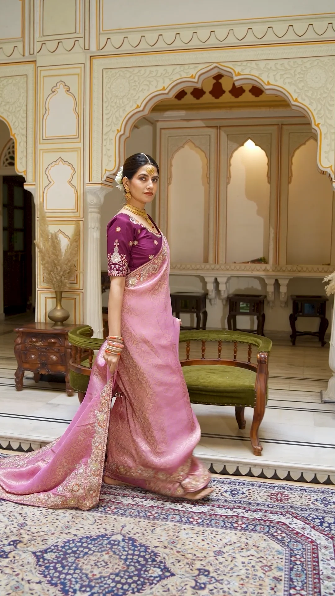 Elegant Pink-Gold Silk Saree with Purple Embroidered Blouse